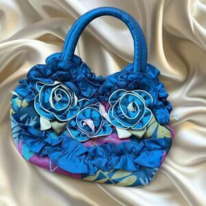 Blue Maximalist Floral Fabric Handbag Lightweight Versatile bag small size